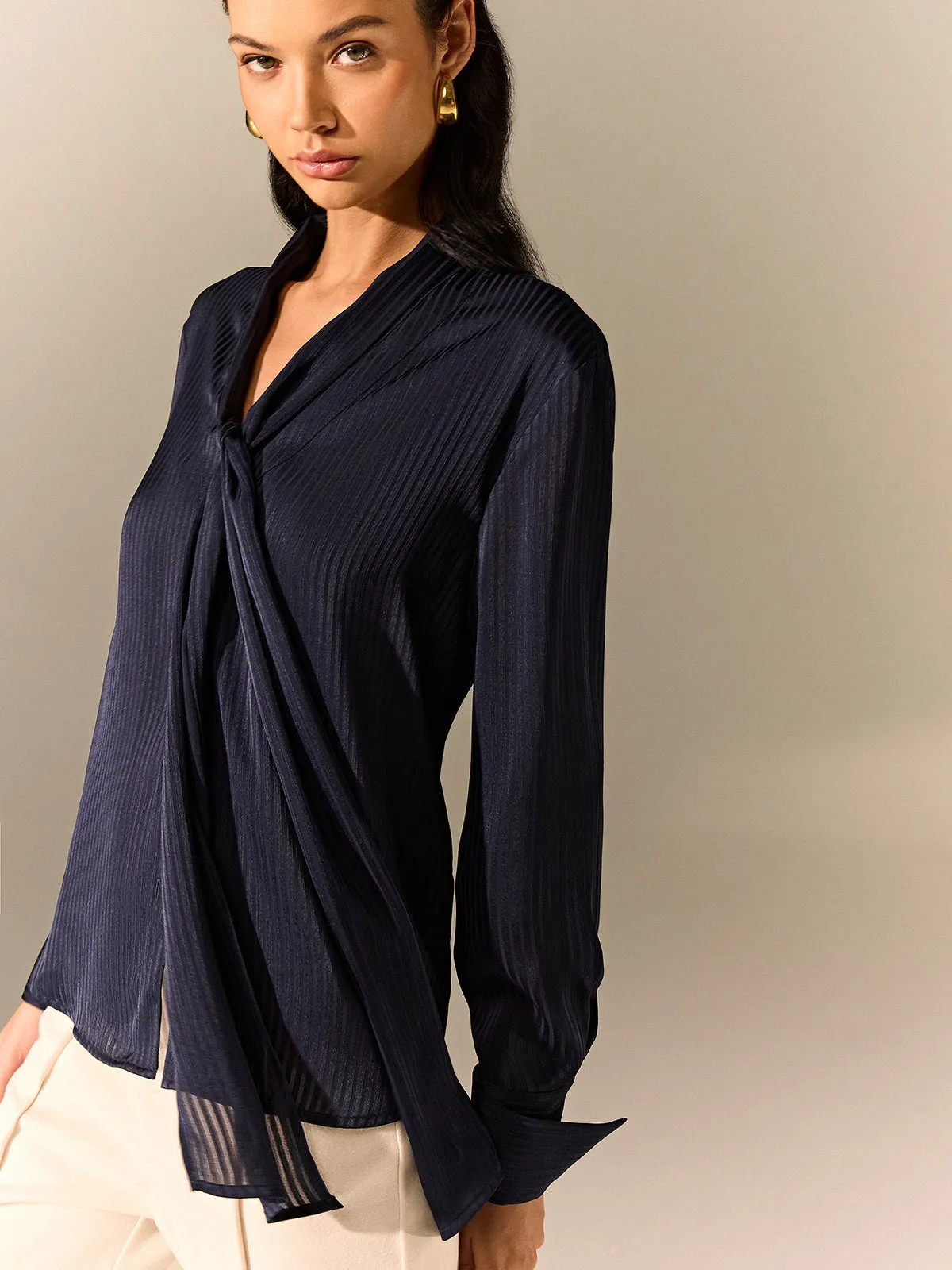 Tie-Neck Long-Sleeve Satin Blouse sold by COMMENSE product image thumbnail 3