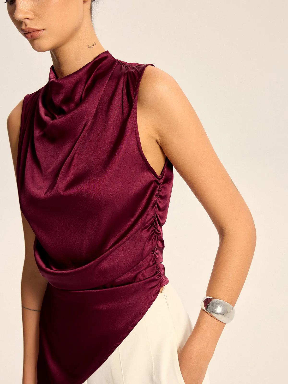 Satin Cowl Neck Asymmetric Hem Top with Back Zipper sold by COMMENSE product image thumbnail 5