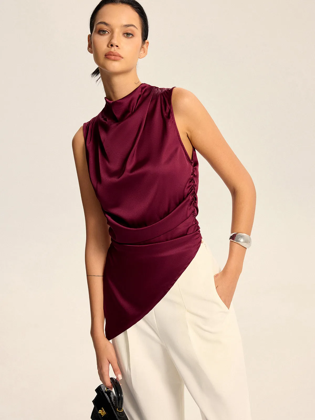 Satin Cowl Neck Asymmetric Hem Top with Back Zipper sold by COMMENSE