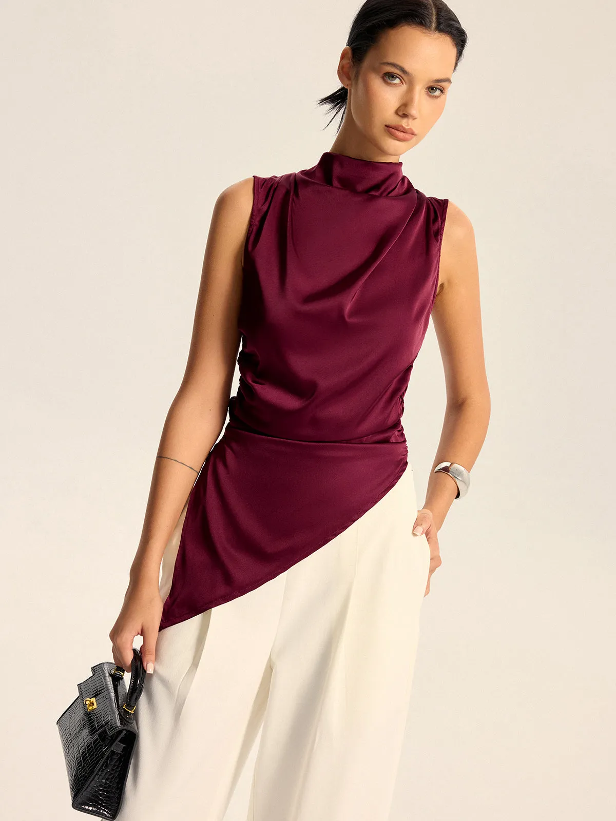 Satin Cowl Neck Asymmetric Hem Top with Back Zipper sold by COMMENSE product image thumbnail 3