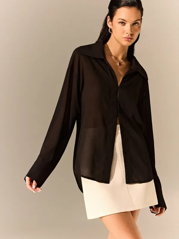 Semi-Sheer Chiffon Long-Sleeve Shirt sold by COMMENSE