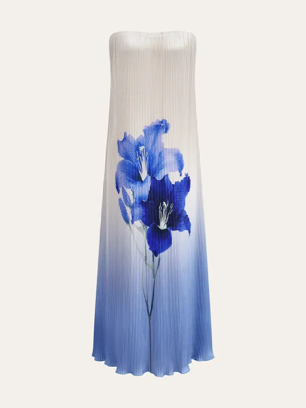 Floral Print Gradient Strapless Pleated Maxi Dress sold by COMMENSE