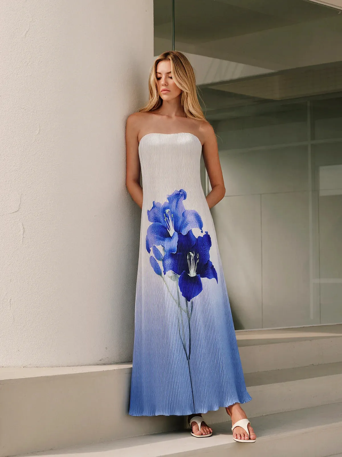 Floral Print Gradient Strapless Pleated Maxi Dress sold by COMMENSE product image thumbnail 2