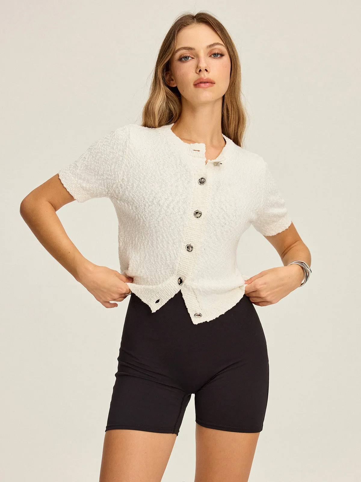 Textured Knit Short-Sleeve Cardigan sold by COMMENSE product image thumbnail 4