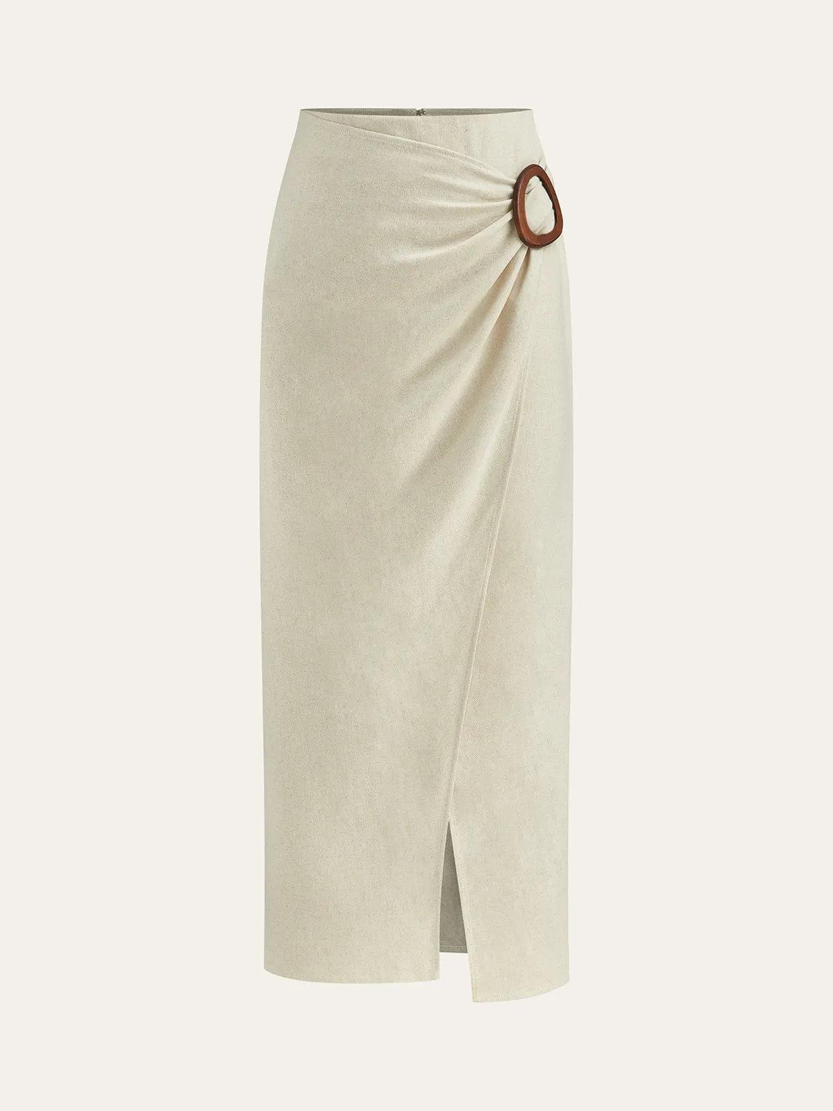 Linen Blend Wrap Midi Skirt with Wooden Buckle sold by COMMENSE