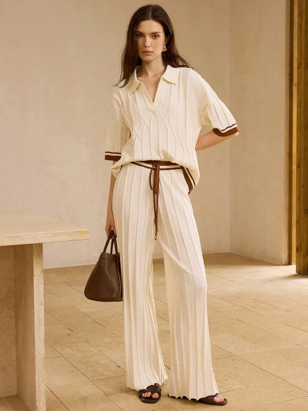 Contrast-Trimmed Polo Neck Top and Drawstring Straight-Leg Pants Set sold by COMMENSE