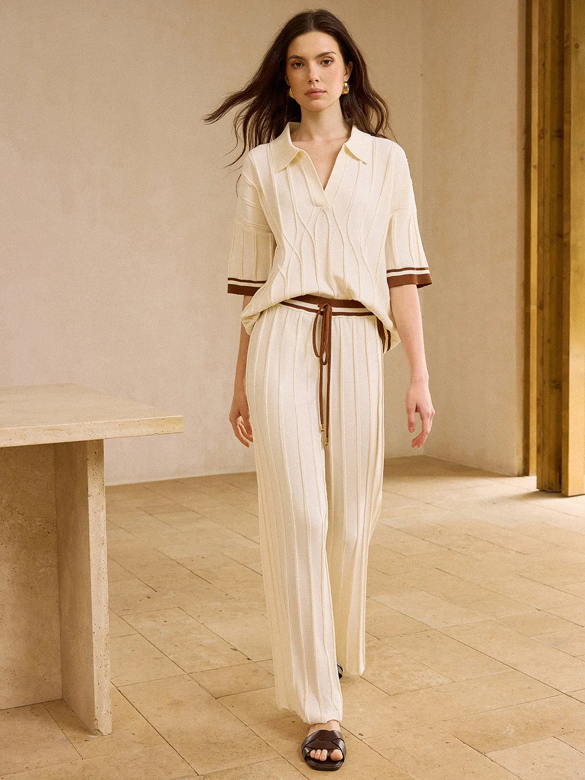 Contrast-Trimmed Polo Neck Top and Drawstring Straight-Leg Pants Set sold by COMMENSE product image thumbnail 4