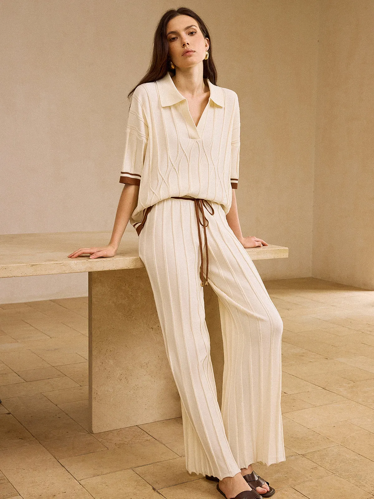 Contrast-Trimmed Polo Neck Top and Drawstring Straight-Leg Pants Set sold by COMMENSE product image thumbnail 2