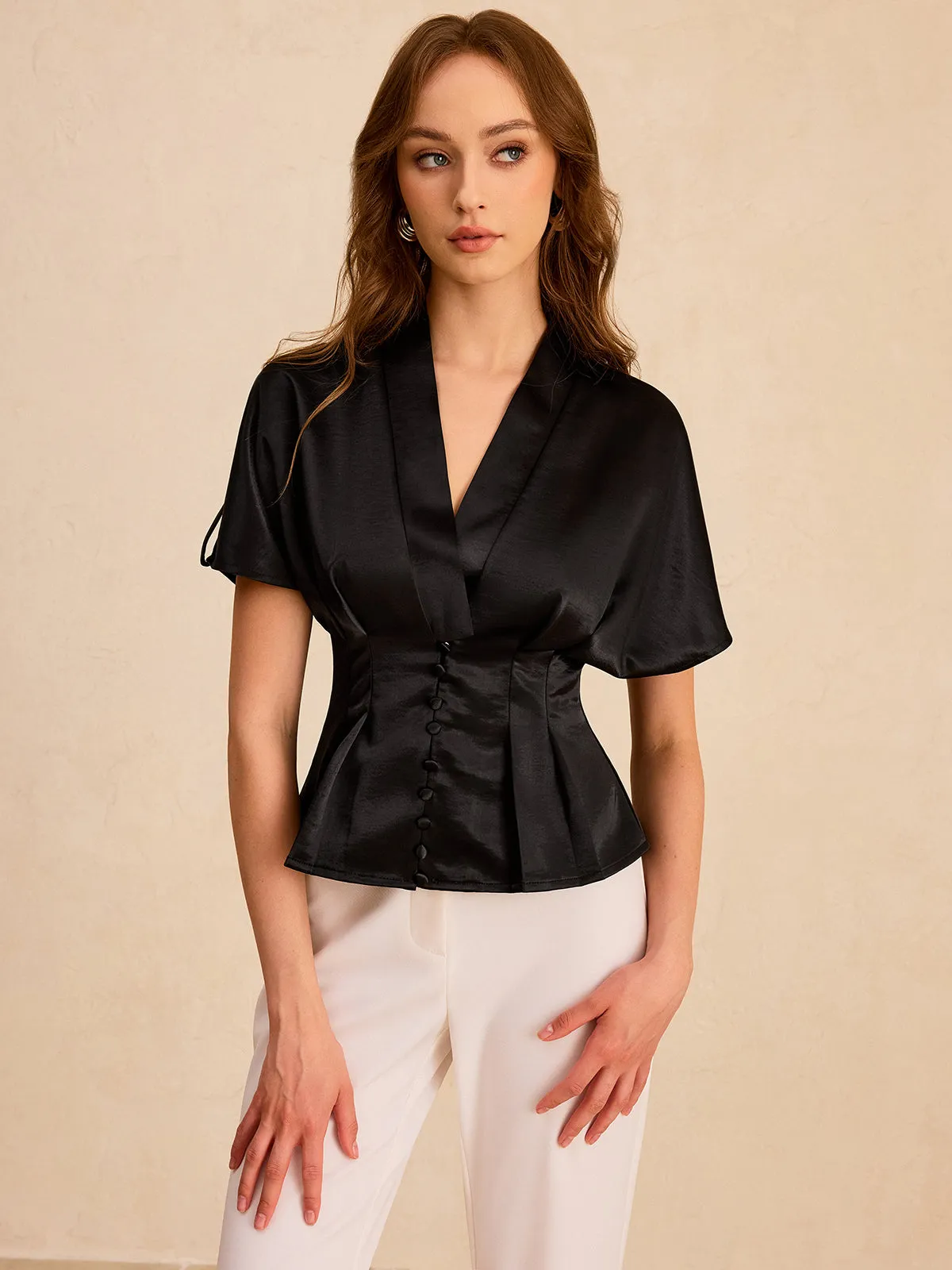 Satin Pleated Button Peplum Top sold by COMMENSE product image thumbnail 3