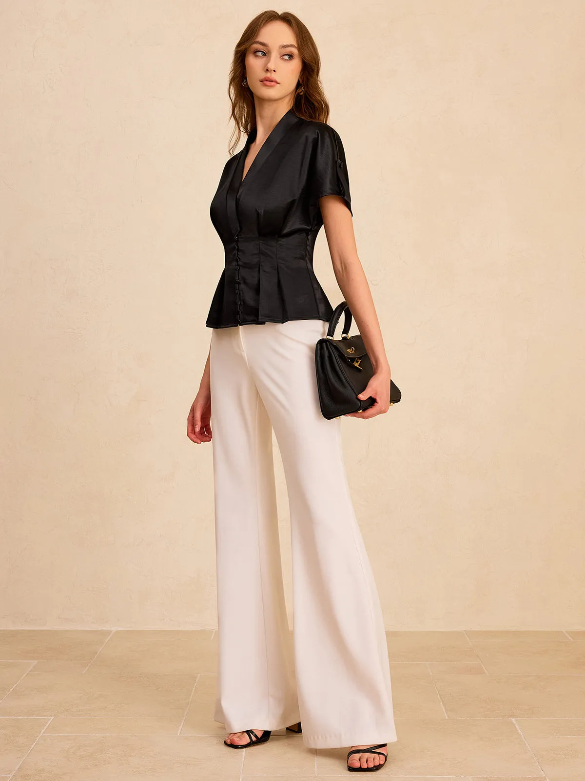 Satin Pleated Button Peplum Top sold by COMMENSE product image thumbnail 2