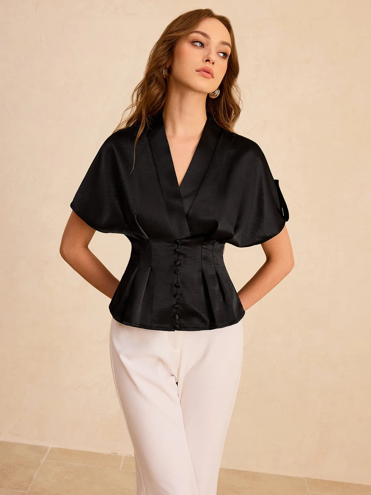Satin Pleated Button Peplum Top sold by COMMENSE product image thumbnail 4