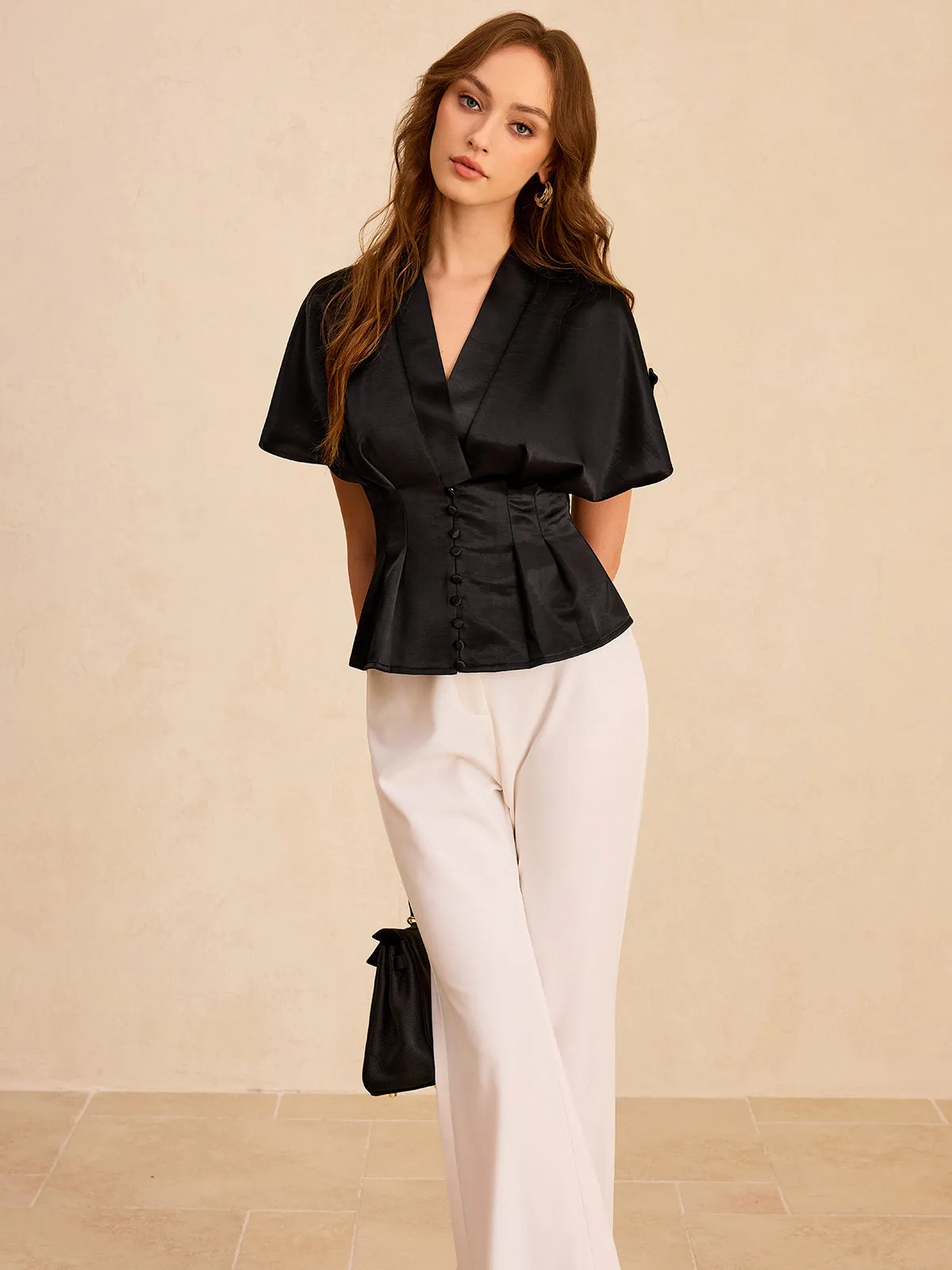 Satin Pleated Button Peplum Top sold by COMMENSE product image thumbnail 5