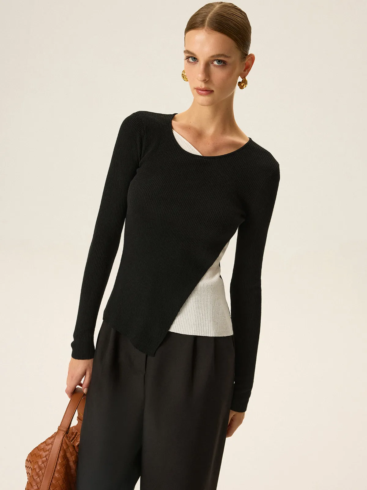 2 in 1 Color-Block Asymmetric Ribbed Knit Top sold by COMMENSE