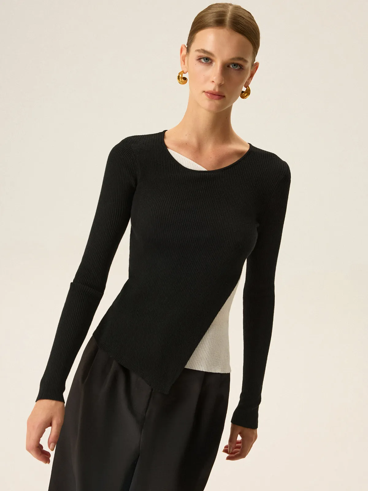 2 in 1 Color-Block Asymmetric Ribbed Knit Top sold by COMMENSE product image thumbnail 3