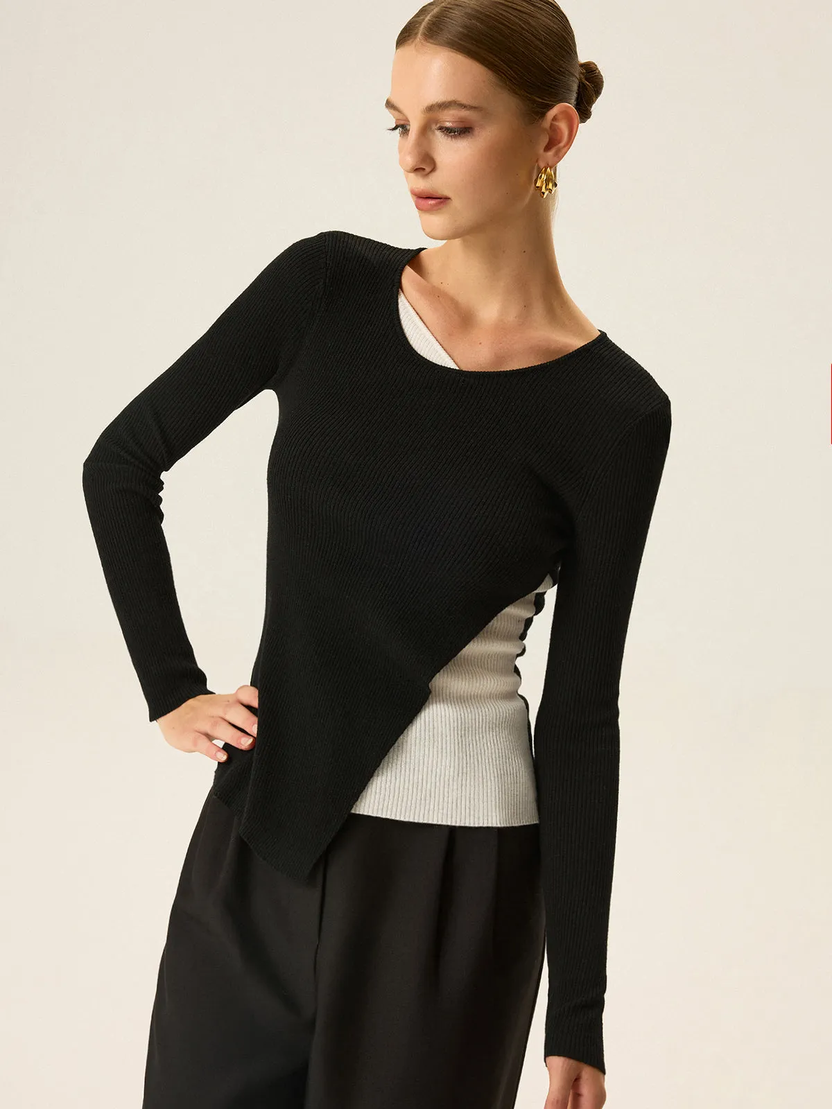 2 in 1 Color-Block Asymmetric Ribbed Knit Top sold by COMMENSE product image thumbnail 2