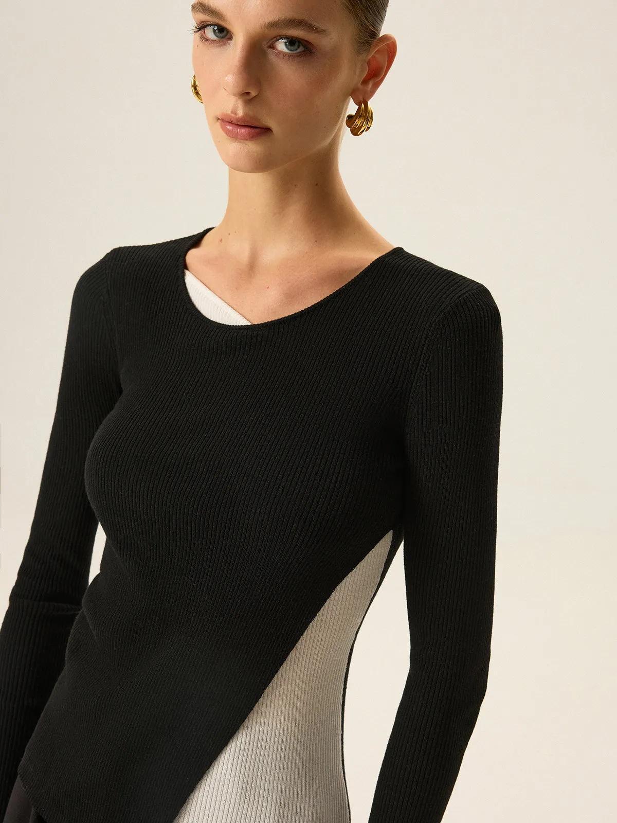 2 in 1 Color-Block Asymmetric Ribbed Knit Top sold by COMMENSE product image thumbnail 4