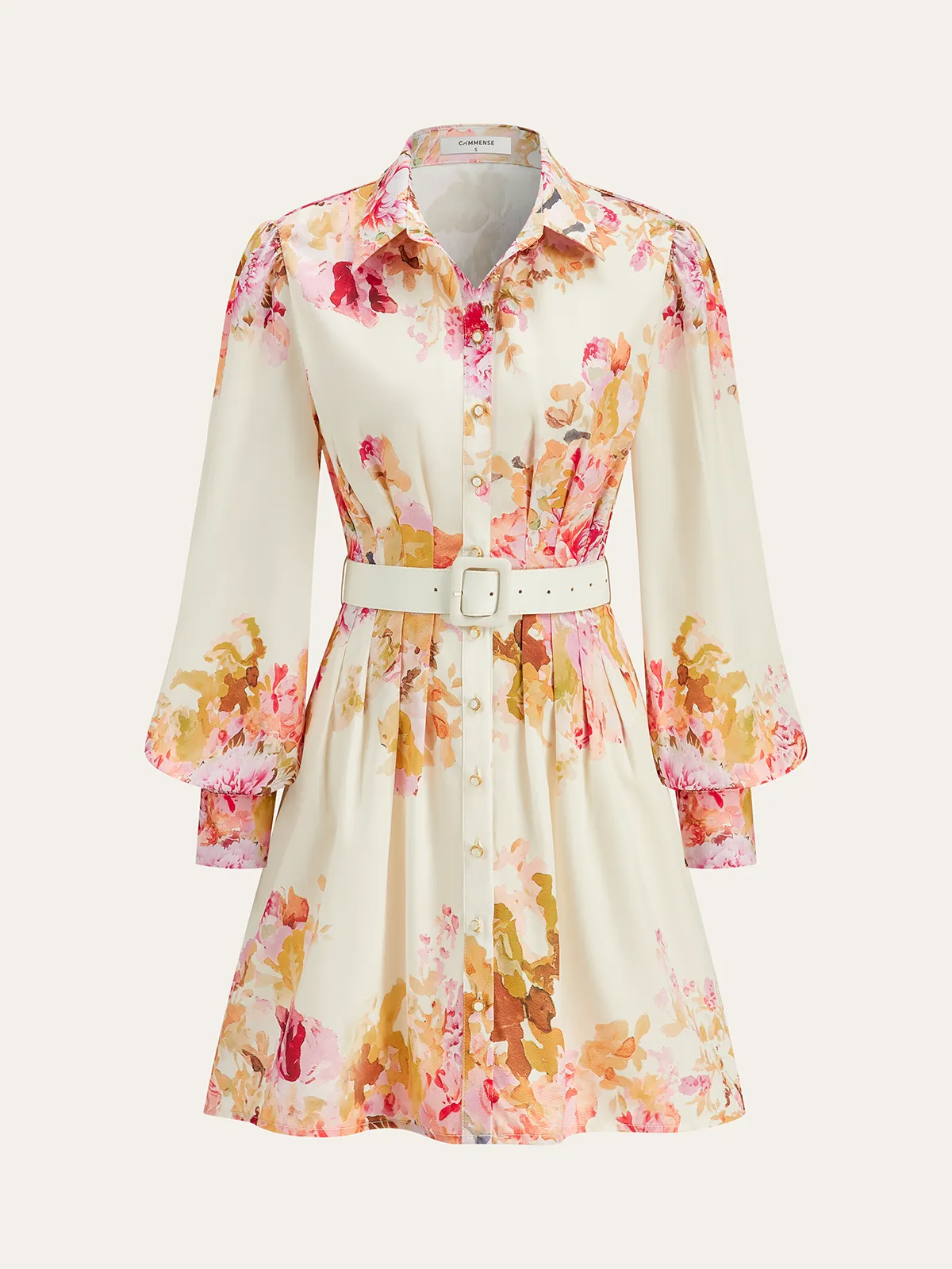 Floral Print Pleated Shirt Dress with Belt sold by COMMENSE