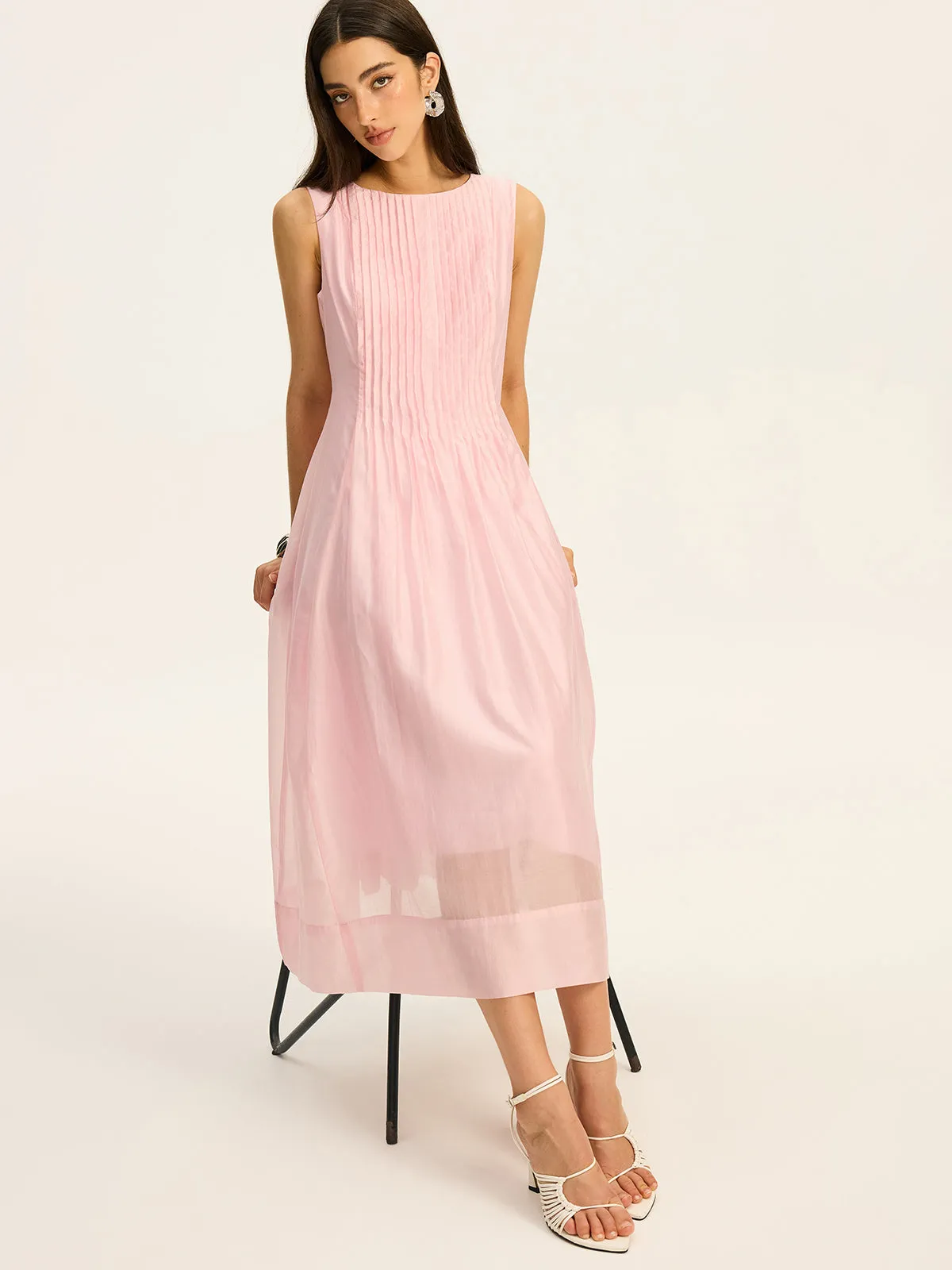 Semi-Sheer Tencel Pleated Sleeveless Midi Dress sold by COMMENSE product image thumbnail 5