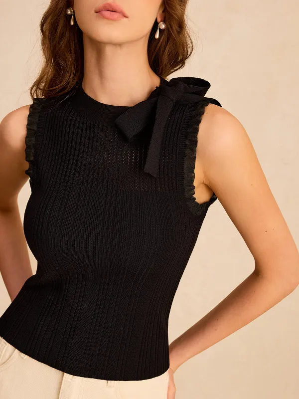 Bow Ribbed Knit Sleeveless Top sold by COMMENSE