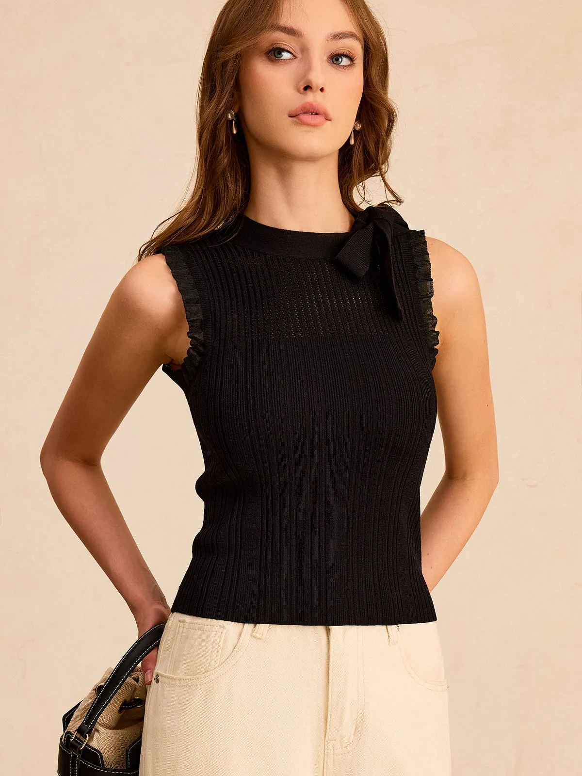 Bow Ribbed Knit Sleeveless Top sold by COMMENSE product image thumbnail 4