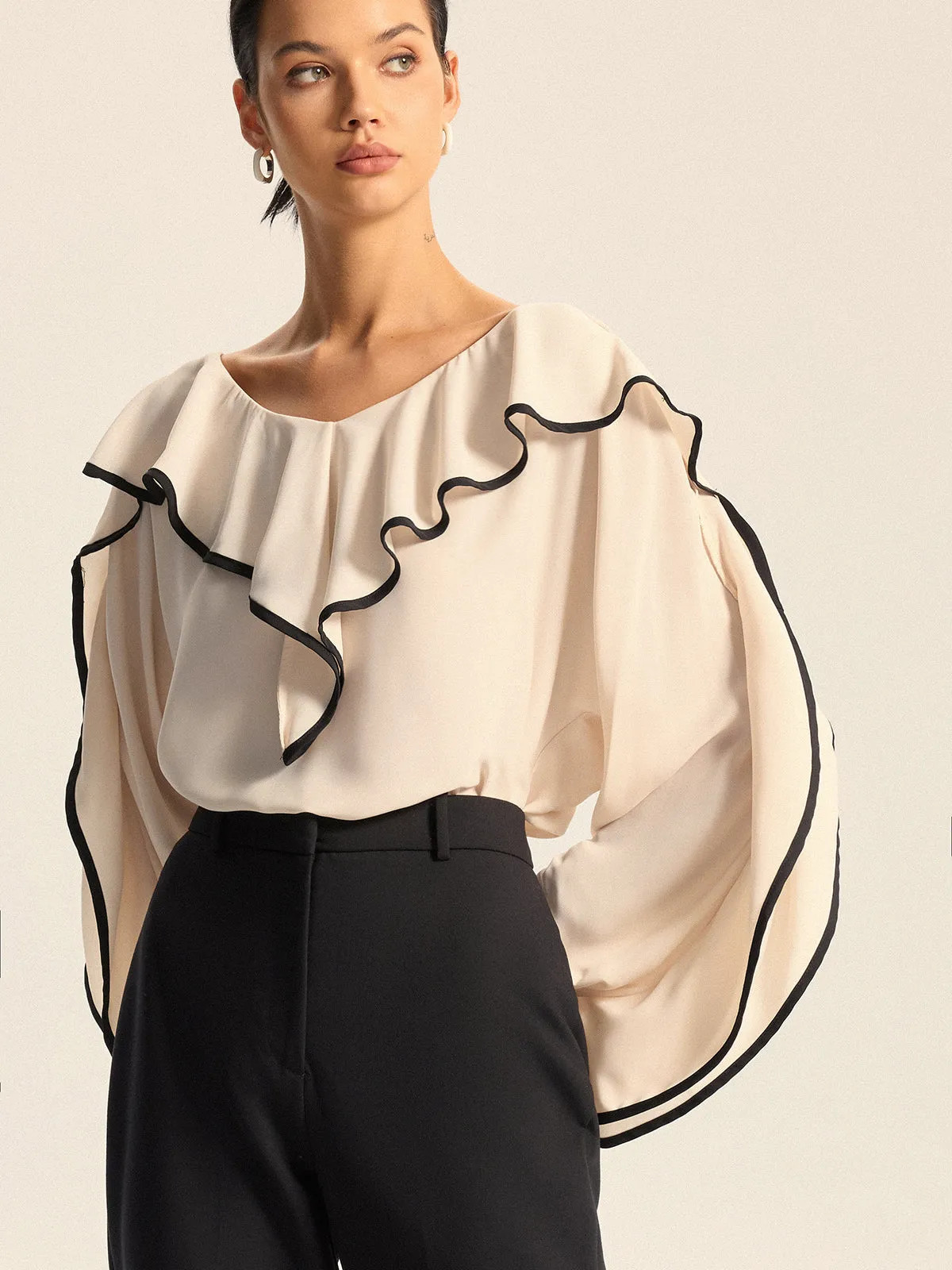 Contrast Trim Ruffle Collar Blouse sold by COMMENSE product image thumbnail 2