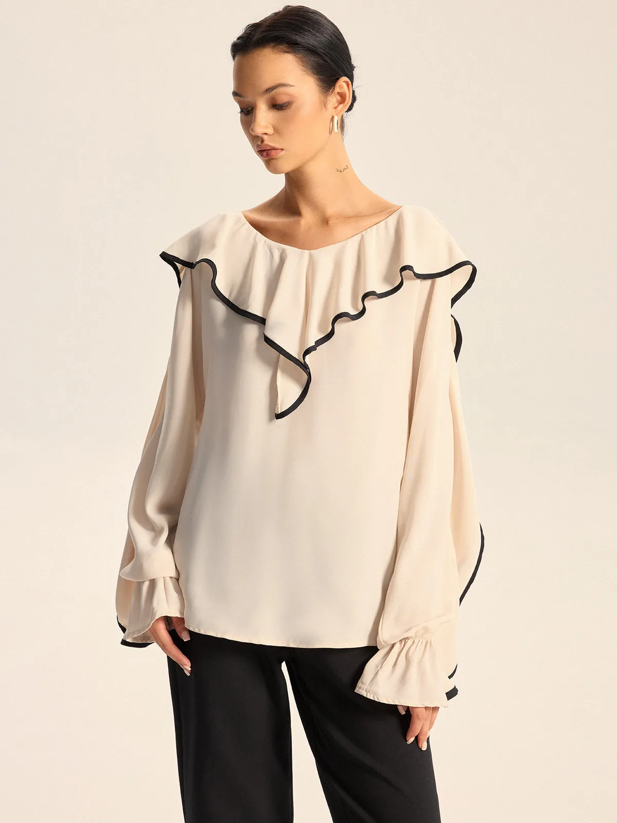 Contrast Trim Ruffle Collar Blouse sold by COMMENSE