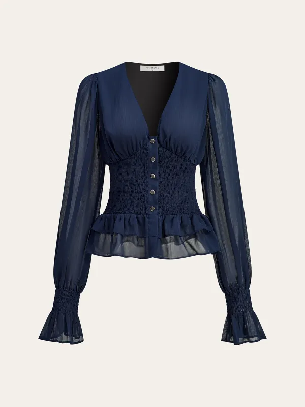 Mesh-Paneled Ruffled Hem Smocked Waist Blouse sold by COMMENSE