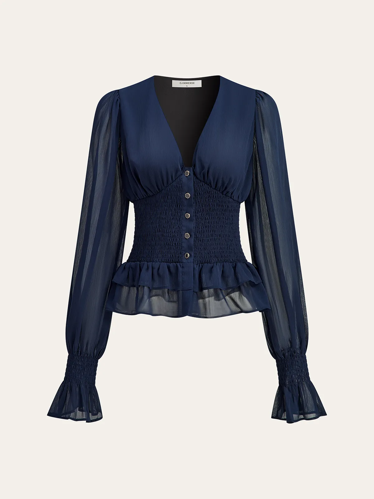 Mesh-Paneled Ruffled Hem Smocked Waist Blouse sold by COMMENSE