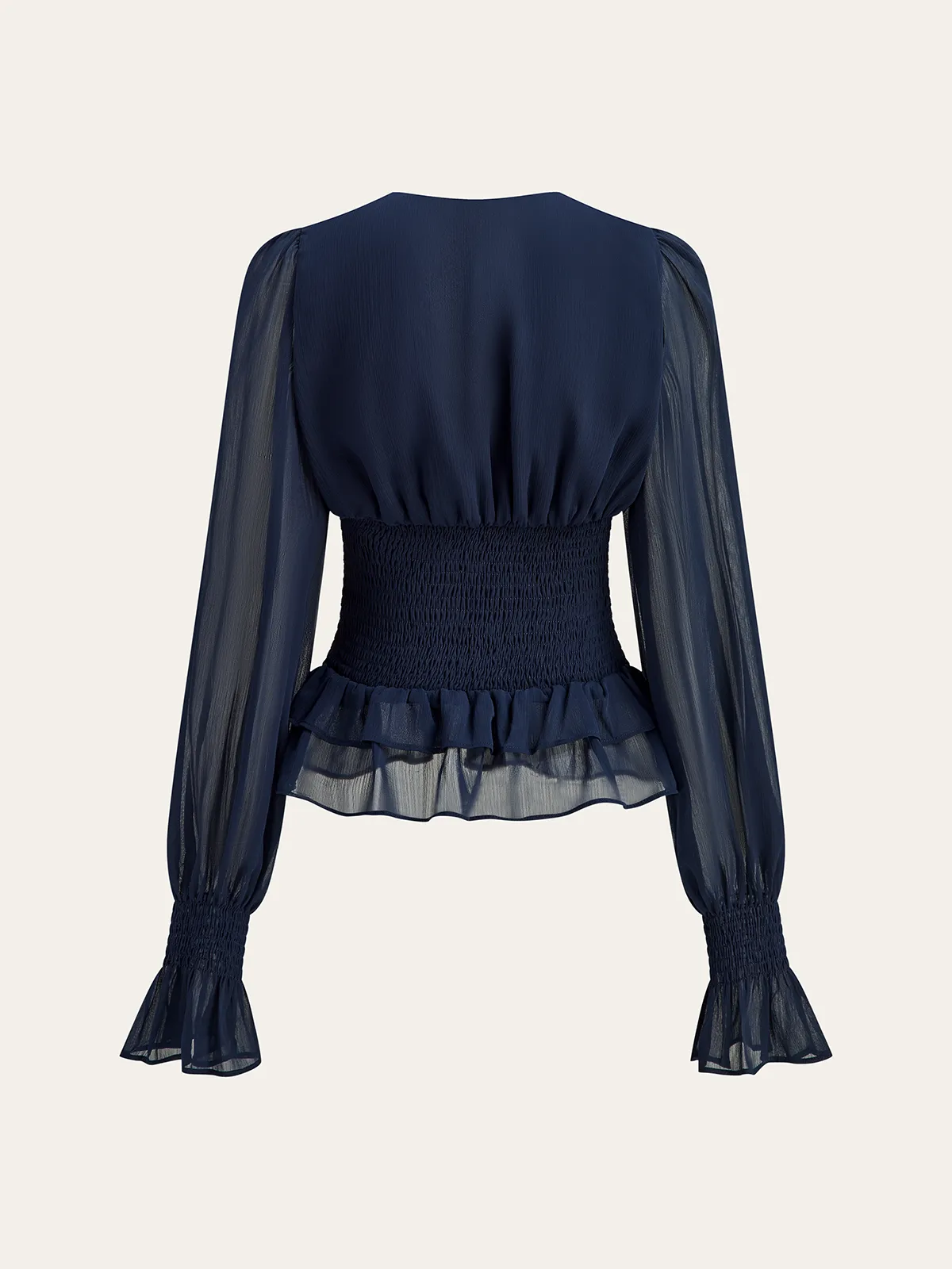 Mesh-Paneled Ruffled Hem Smocked Waist Blouse sold by COMMENSE product image thumbnail 2