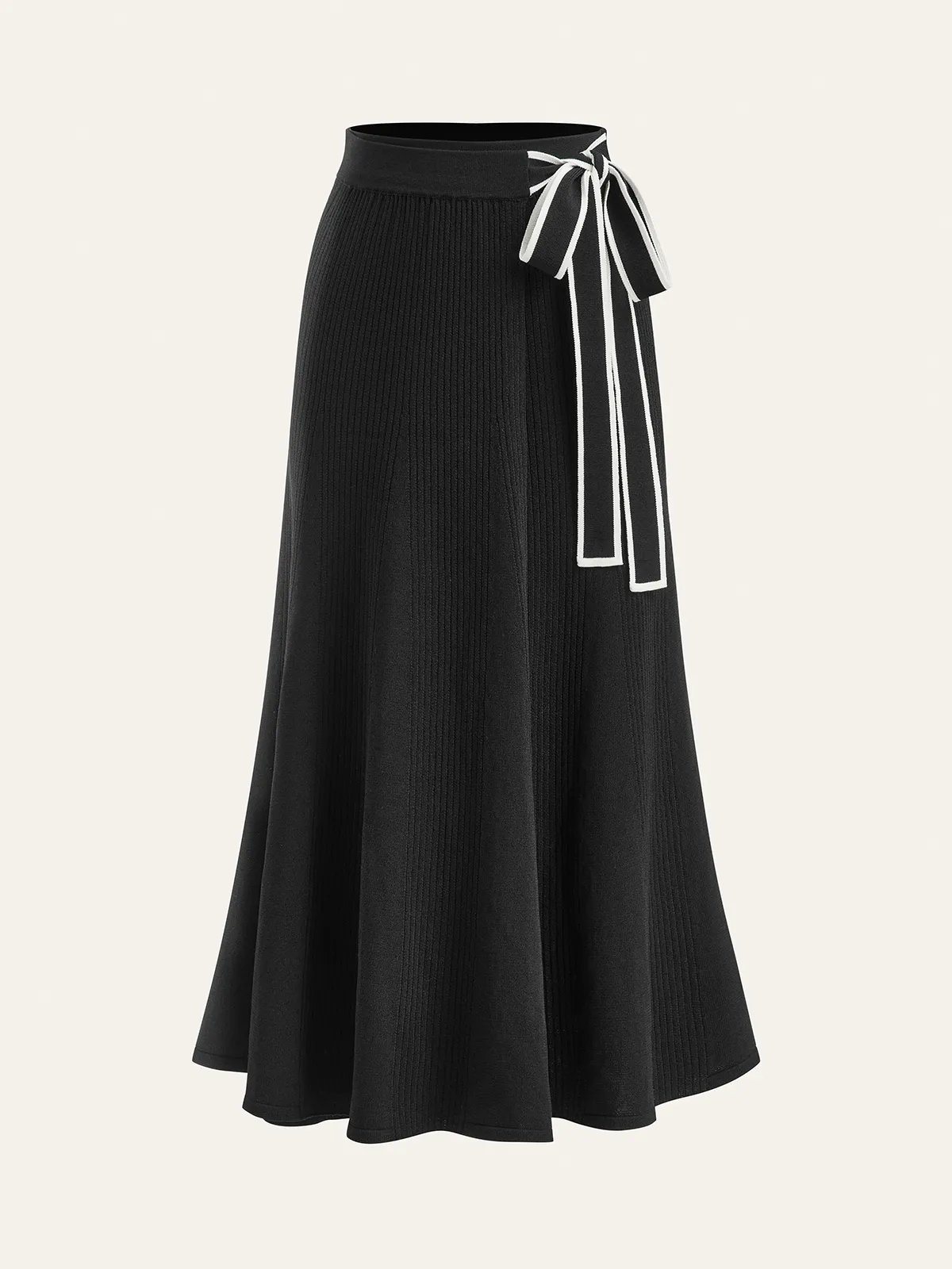 Contrast Bow Belt Ribbed Knit Midi Skirt sold by COMMENSE