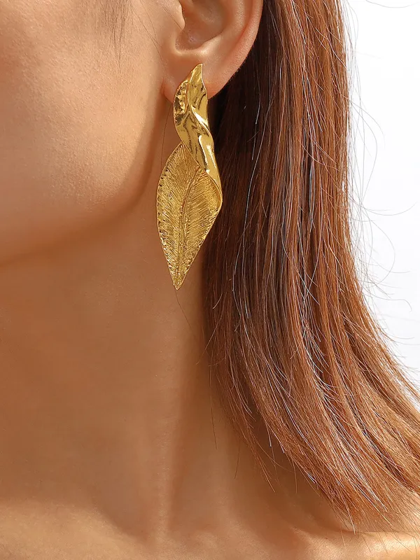 Golden Leaf-Shaped Drop Earrings sold by COMMENSE