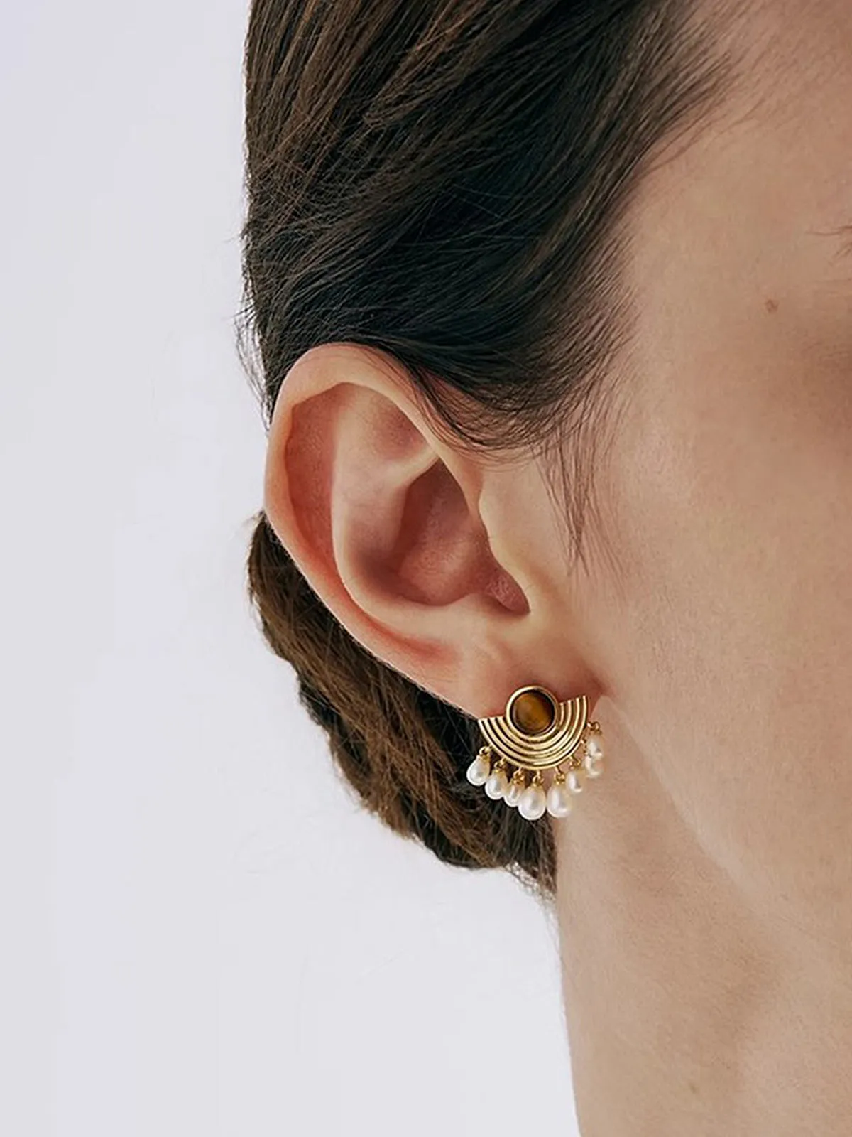 Tiger Eye Pearl Fan-Shaped Earrings sold by COMMENSE product image thumbnail 3