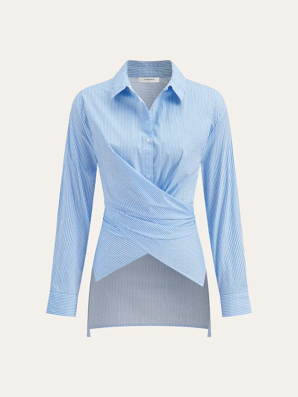 Striped Wrap Asymmetric Hem Shirt sold by COMMENSE