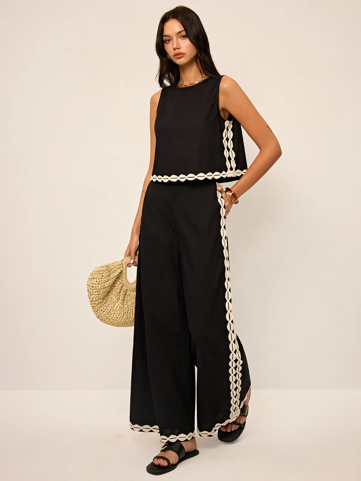 Cotton & Linen Contrast Trim Pants Set sold by COMMENSE