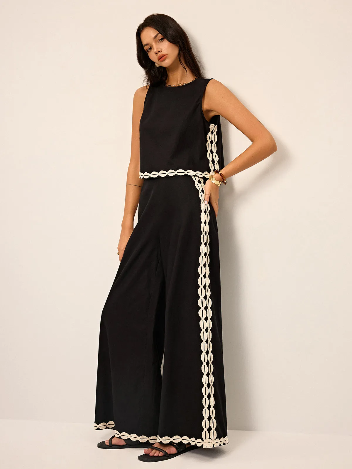 Cotton & Linen Contrast Trim Pants Set sold by COMMENSE product image thumbnail 2