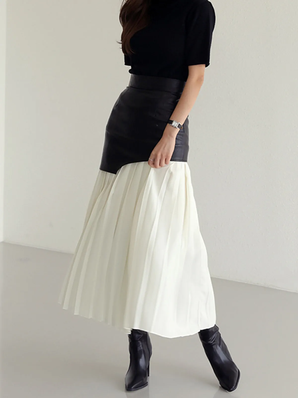 Asymmetric Patchwork Faux Leather Chiffon Pleated Maxi Skirt sold by COMMENSE product image thumbnail 2