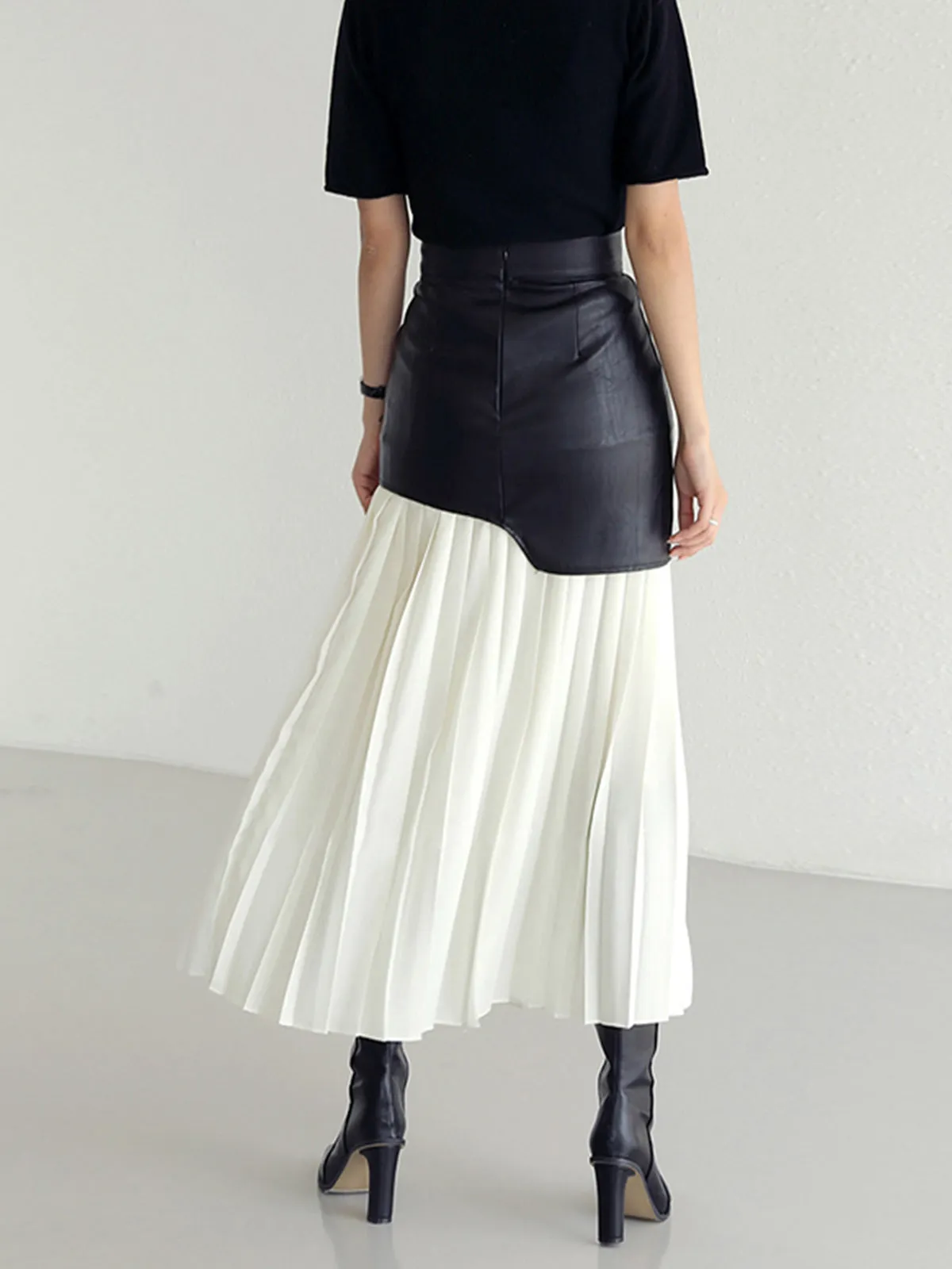 Asymmetric Patchwork Faux Leather Chiffon Pleated Maxi Skirt sold by COMMENSE product image thumbnail 3