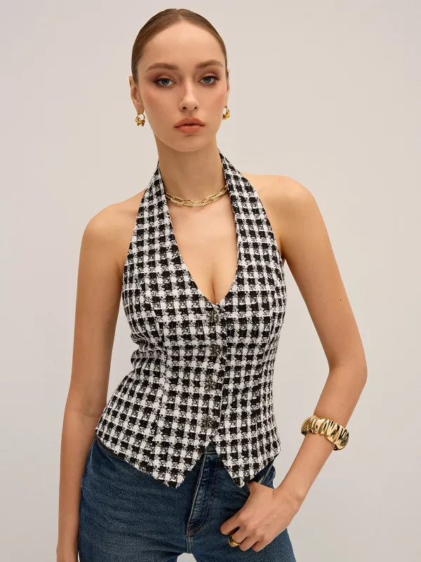 Checkered Halter Neck Vest sold by COMMENSE