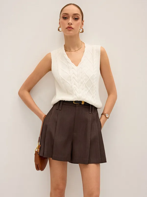 Pleated Mid-Waist Shorts without Belt sold by COMMENSE