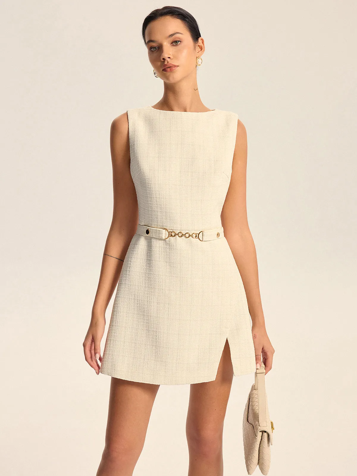 Tweed Slit Mini Dress with Detachable Belt sold by COMMENSE product image thumbnail 2
