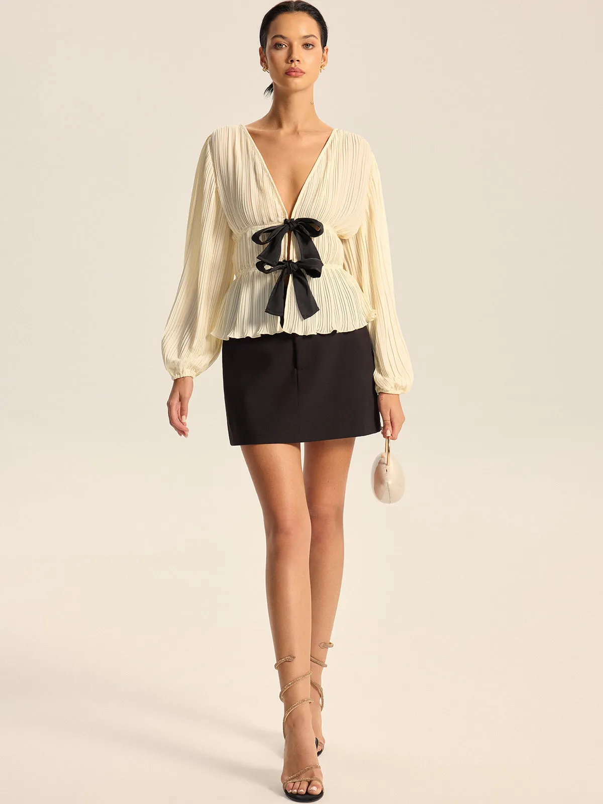 Pleated V-Neck Bow Blouse sold by COMMENSE product image thumbnail 4