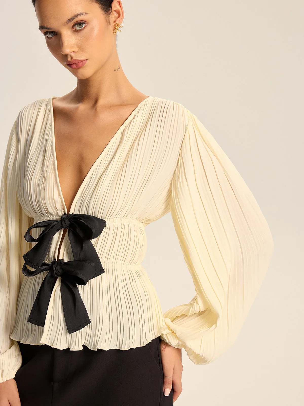 Pleated V-Neck Bow Blouse sold by COMMENSE product image thumbnail 3