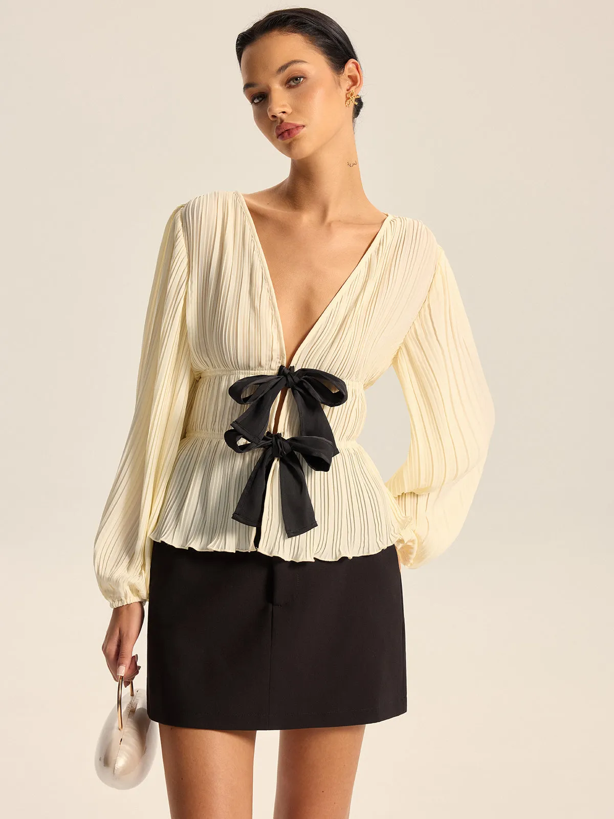 Pleated V-Neck Bow Blouse sold by COMMENSE product image thumbnail 2