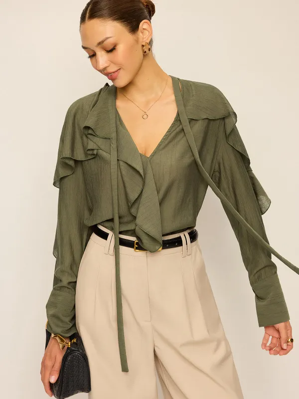 Neckline Tie Ruffled Blouse sold by COMMENSE