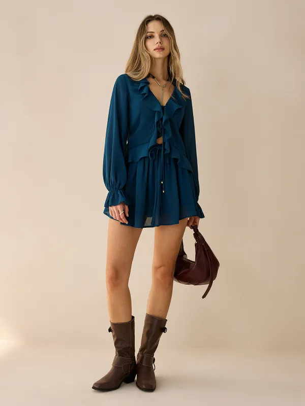 Chiffon Ruffled Long-Sleeve Top and Shorts Set sold by COMMENSE