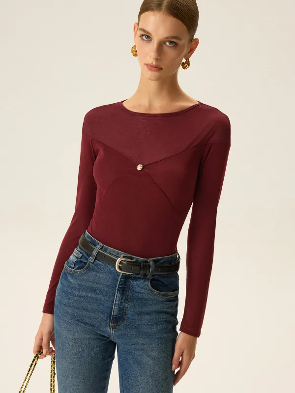 Metal Shell Detail Long Sleeve Top sold by COMMENSE
