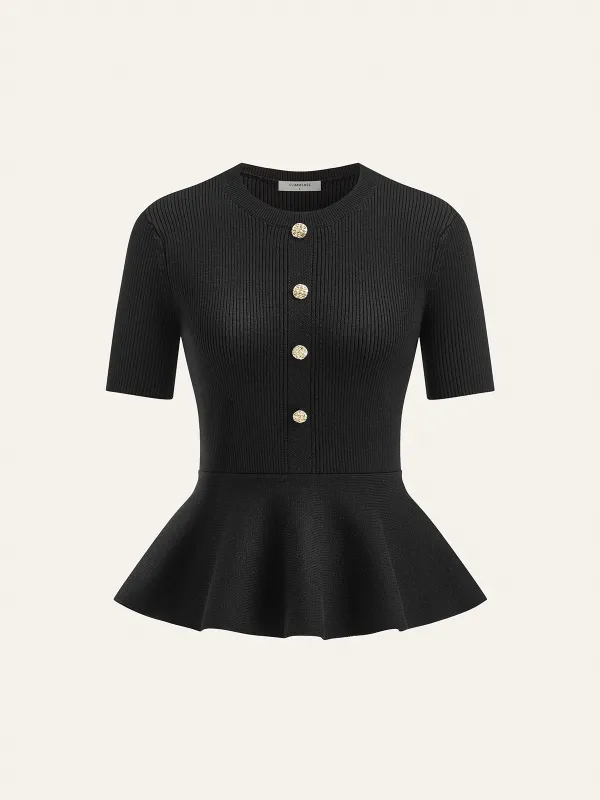 Metal Button Peplum Wool Knit Top sold by COMMENSE