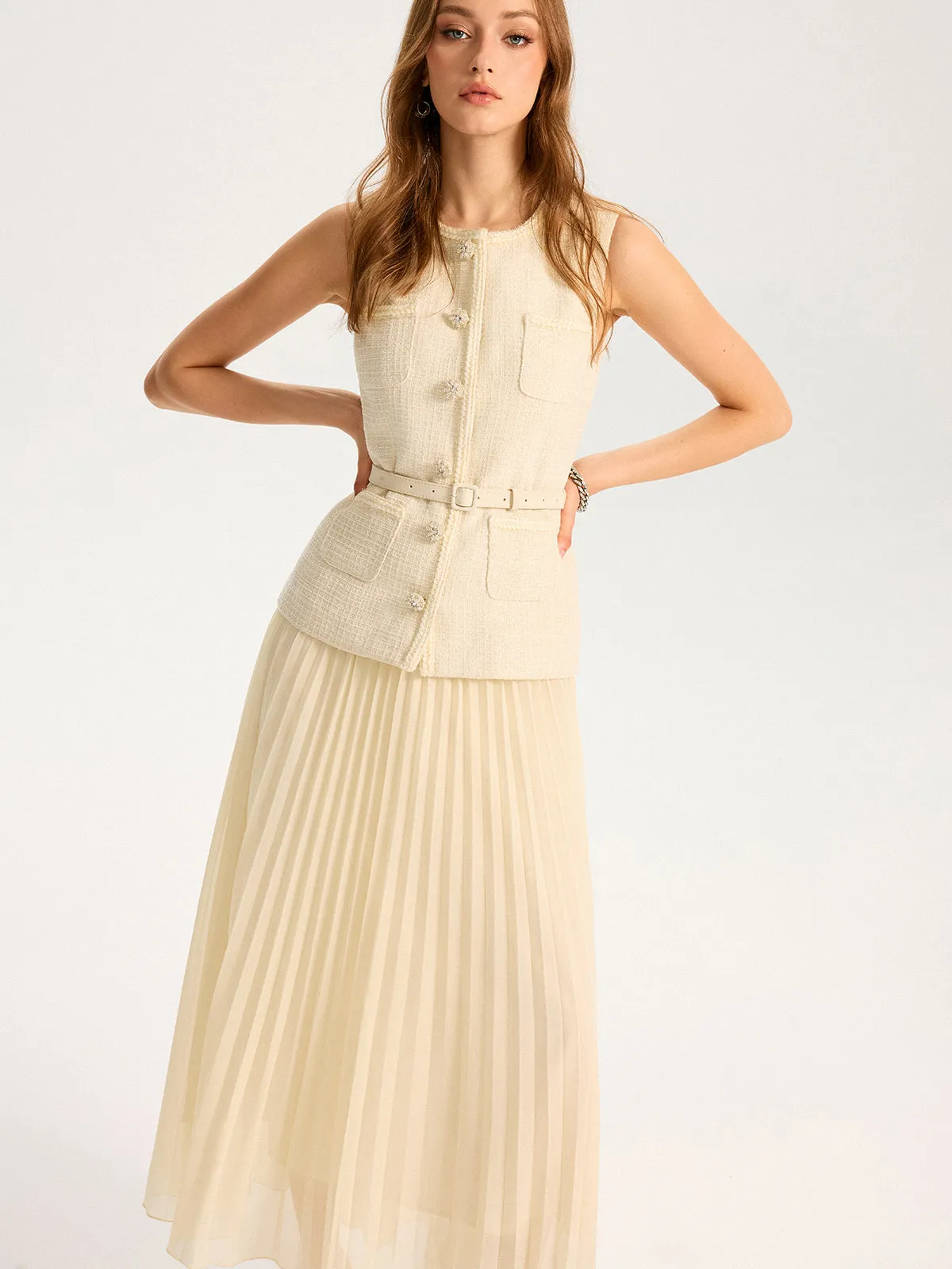 Tweed Sleeveless Vest and Pleated Maxi Skirt Set sold by COMMENSE