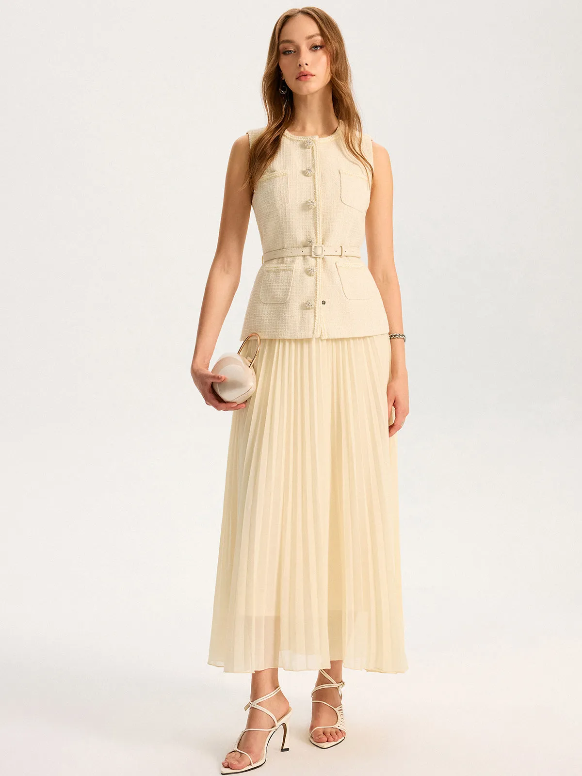 Tweed Sleeveless Vest and Pleated Maxi Skirt Set sold by COMMENSE product image thumbnail 5