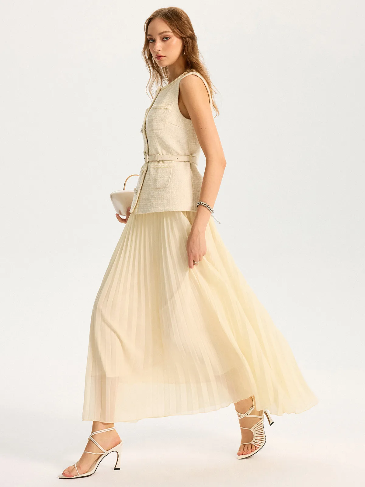 Tweed Sleeveless Vest and Pleated Maxi Skirt Set sold by COMMENSE product image thumbnail 2